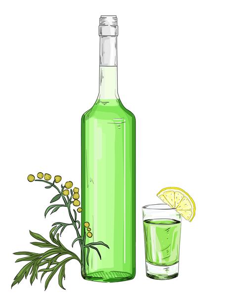 بطری شیشه ای و شیشه با آبسنت سبز