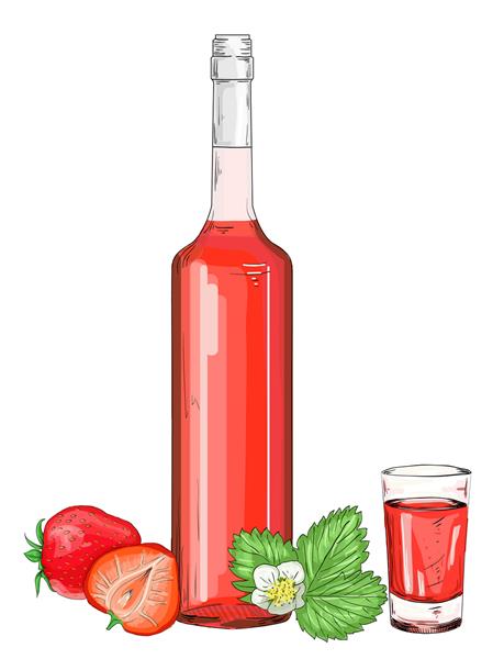 بطری شیشه ای با تصویر لیکور الکل توت فرنگی شیشه شات قرمز با توت فرنگی در پس زمینه سفید جدا شده شربت توت