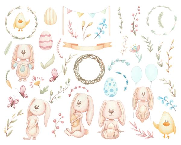 مجموعه ای بزرگ از خرگوش های عید پاک و عناصر تصاویر آبرنگ گل تاج گل و موضوع عید پاک