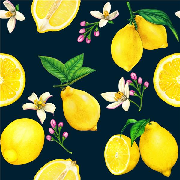 الگوی بدون درز آبرنگ لیمویی با کیفیت بالا با میوه و گل
