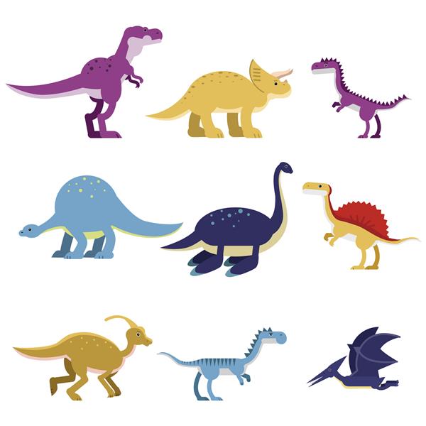 مجموعه حیوانات دایناسور کارتونی تصاویر رنگارنگ هیولای زیبای ماقبل تاریخ و ژوراسیک