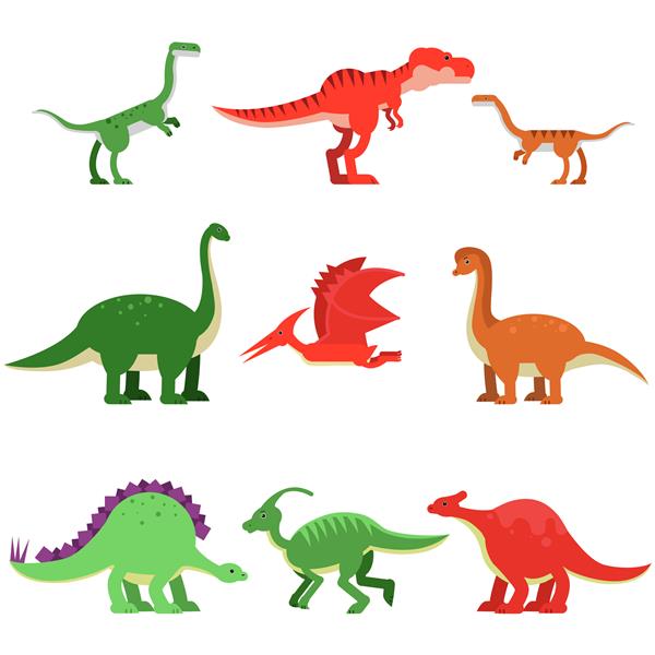 مجموعه حیوانات دایناسور کارتونی زیبا تصاویر رنگارنگ هیولاهای ماقبل تاریخ و ژوراسیک