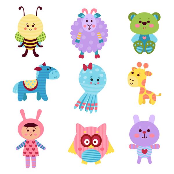 اسباب بازی های کارتونی زیبای کودک و حیوانات مجموعه ای از تصاویر رنگارنگ