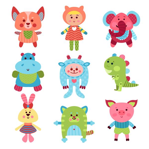 حیوانات کارتونی زیبا و اسباب بازی های کودک مجموعه ای از تصاویر رنگارنگ