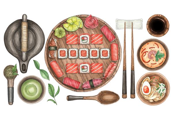 تصویر آبرنگ با بشقاب سوشی چای سوپ و چوب