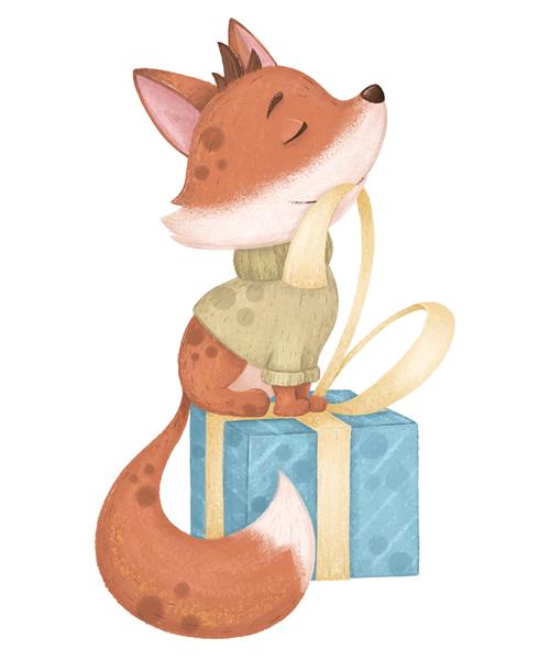 روباه ناز و دوست داشتنی در ژاکت با هدیه تصویر تولد دیجیتال