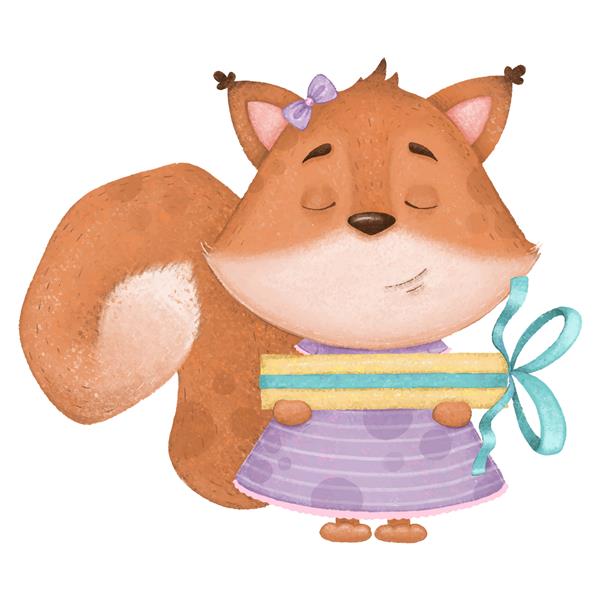 سنجاب کارتونی خنده دار ناز در لباس و با هدیه تصویر تولد دیجیتال