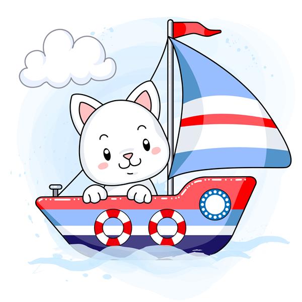 بچه گربه سفید ناز در حال قایقرانی در یک قایق کارتونی