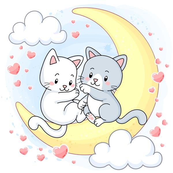بچه گربه های ناز روی ماه نشسته اند که با قلب های صورتی احاطه شده اند