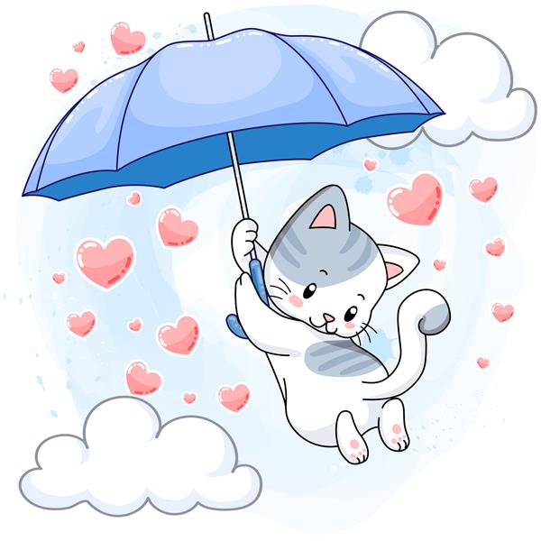 بچه گربه خالدار بامزه که روی یک چتر آبی آویزان شده و قلب هایی می بارد
