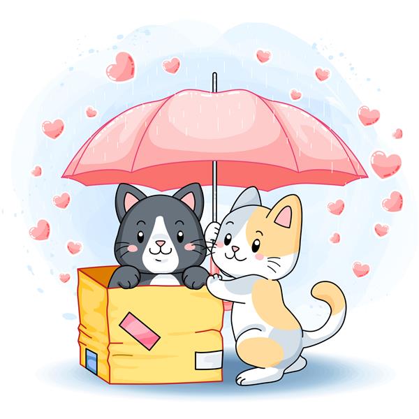 بچه گربه های دوست داشتنی زیر یک چتر صورتی در یک روز بارانی