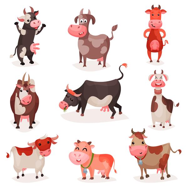 مجموعه شخصیت های گاو ناز تصاویر کارتونی گاوهای خنده دار در موقعیت های مختلف