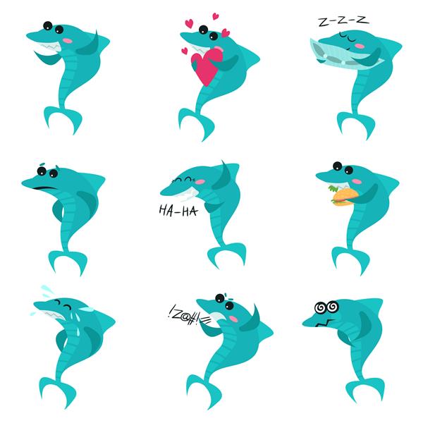 مجموعه شخصیت های کارتونی کوسه های ناز ماهی های بامزه در حالت های مختلف که تصاویر احساسات مختلف را نشان می دهد
