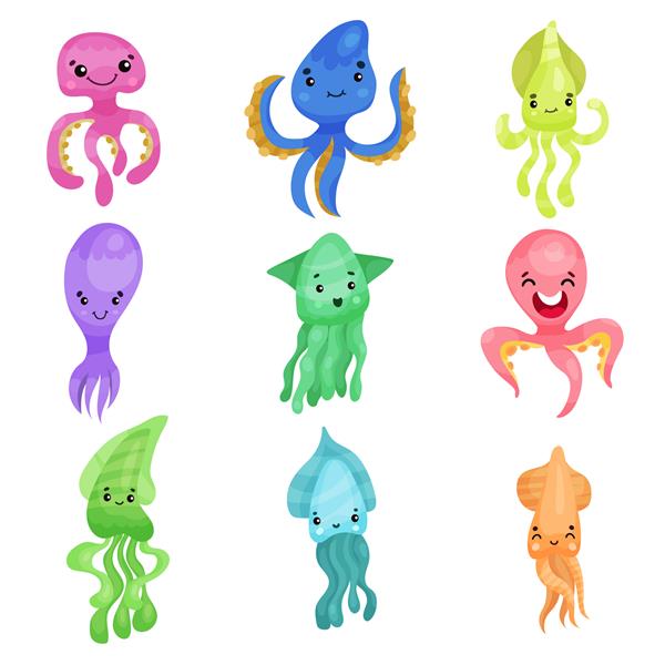 مجموعه ماهی مرکب و اختاپوس رنگارنگ تصاویر کارتونی موجودات دریایی
