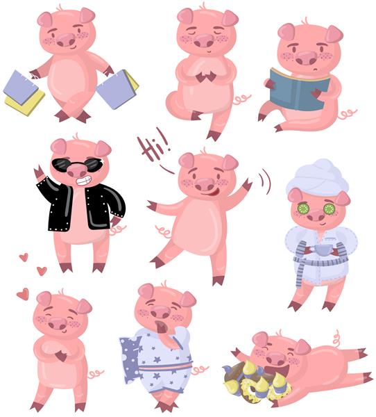 مجموعه شخصیت های خنده دار خوک خوک در حالت ها و موقعیت های مختلف تصاویر کارتونی