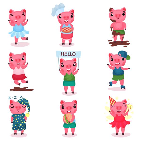 مجموعه شخصیت های خوک خنده دار زیبا پسران و دختران خوک در حالت ها و موقعیت های مختلف تصاویر کارتونی