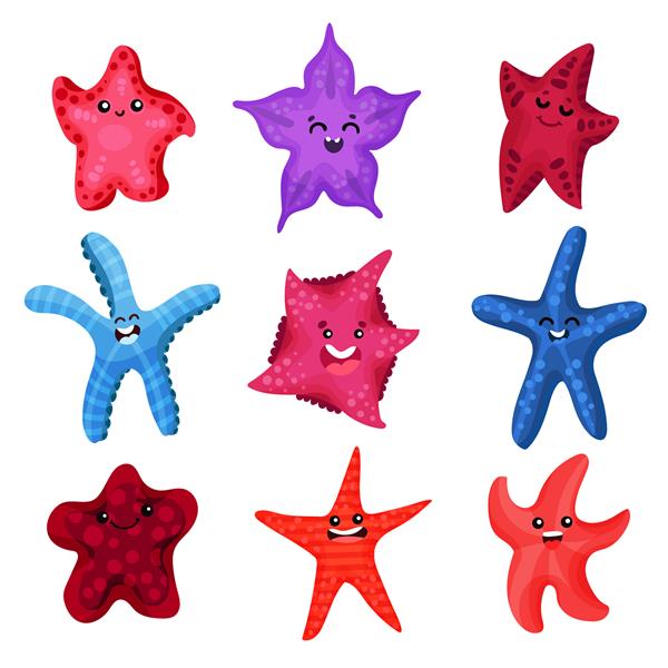 مجموعه ستاره‌های دریایی رنگارنگ تصاویر کارتونی حیوانات بی مهرگان زیر آب