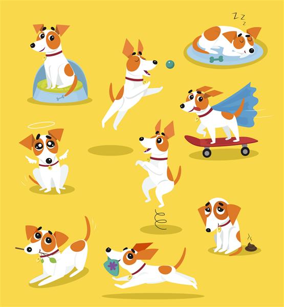 ست زیبای جک راسل تریر شخصیت سگ خانگی خنده دار در موقعیت های مختلف تصاویر کارتونی