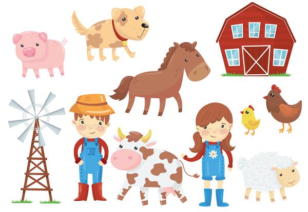 تصویر مسطح از حیوانات خانگی مختلف پرندگان بچه‌هایی با لباس‌های آبی رنگ پمپ باد انبار چوبی موضوع مزرعه مجموعه ای از آیکون های کارتونی