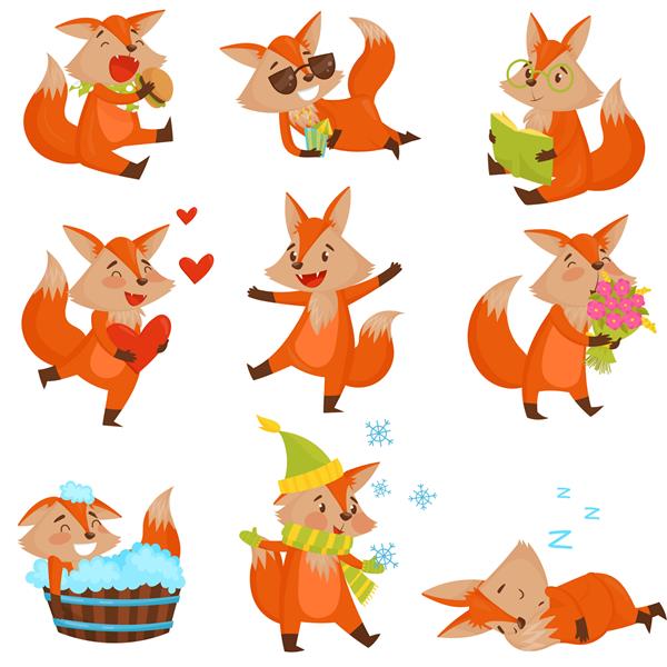 مجموعه شخصیت های روباه کارتونی زیبا حیوانات خنده دار در موقعیت های مختلف