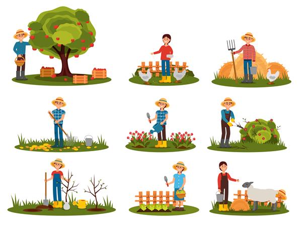 مجموعه ای مسطح از شخصیت های کشاورز که در فضای باز کار می کنند افرادی که به باغبانی مشغولند مرد در حال چیدن سیب زنی که به حیوانات مزرعه غذا می دهد