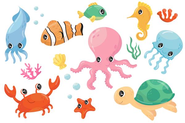 مجموعه ای رنگارنگ از موجودات دریایی مختلف ماهی کارتونی اسب دریایی لاک پشت خرچنگ چتر دریایی اختاپوس ستاره دریایی جلبک دریایی عنصر تخت