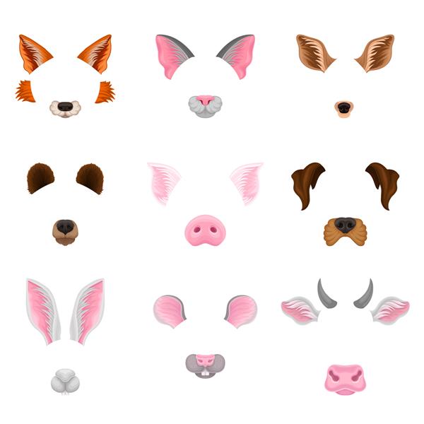مجموعه ای از صورت حیوانات طراحی گرافیکی برای دکور عکس سلفی یا جلوه های چت ویدیویی