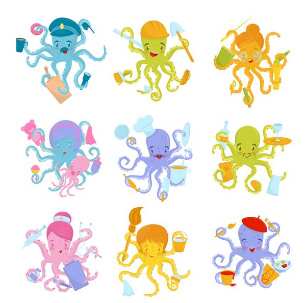 مجموعه تخت از اختاپوس های رنگارنگ در حرفه های مختلف موجودات دریایی با هشت شاخک