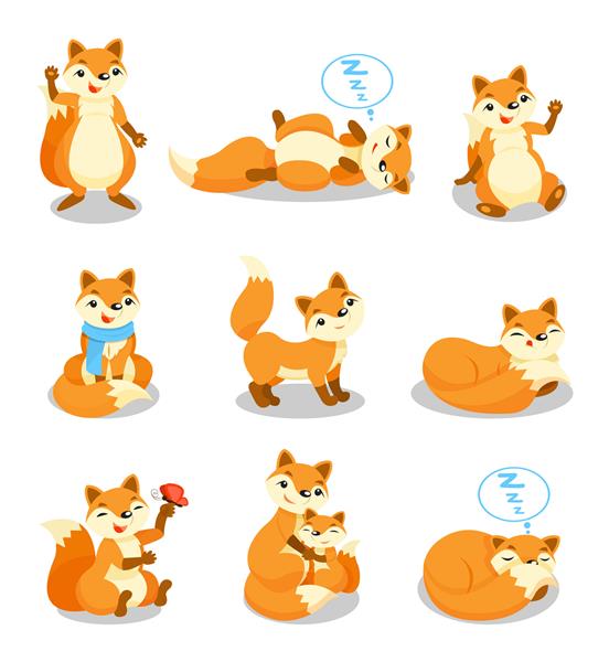 مجموعه روباه کوچک ناز شخصیت کارتونی توله سگ خنده دار در موقعیت های مختلف تصاویر در پس زمینه سفید