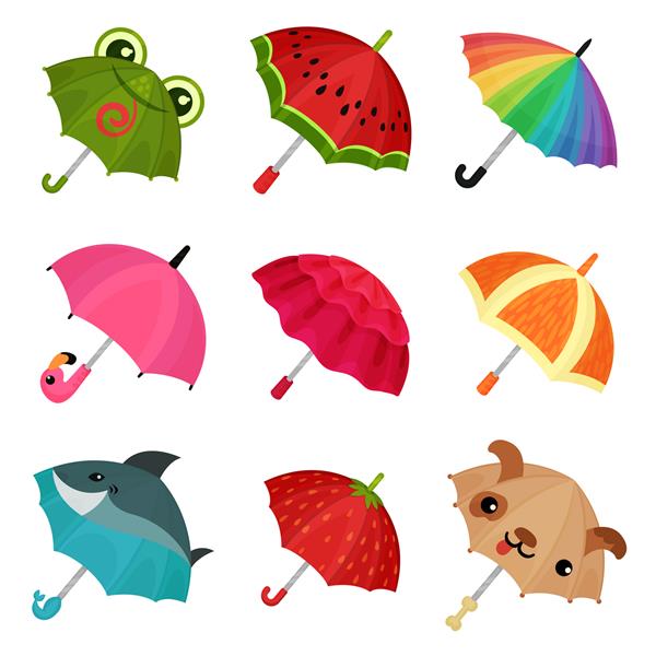 مجموعه ای از تصویر چترهای رنگارنگ زیبا در پس زمینه سفید
