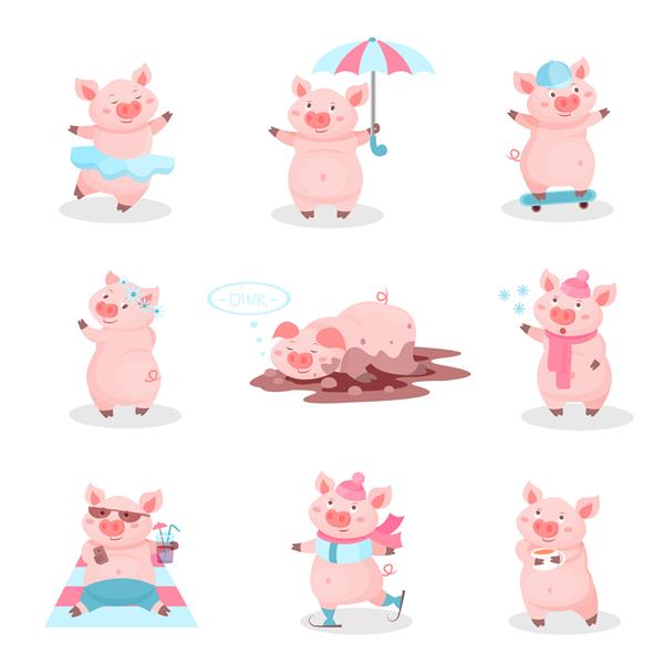 مجموعه فعالیت خوک های خنده دار شخصیت های کارتونی خوکچه های بامزه در موقعیت های مختلف تصویر در پس زمینه سفید