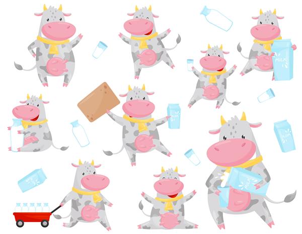 گاو خالدار ناز در موقعیت های مختلف شخصیت کارتونی حیوانات مزرعه بامزه با تصویر شیر در پس زمینه سفید