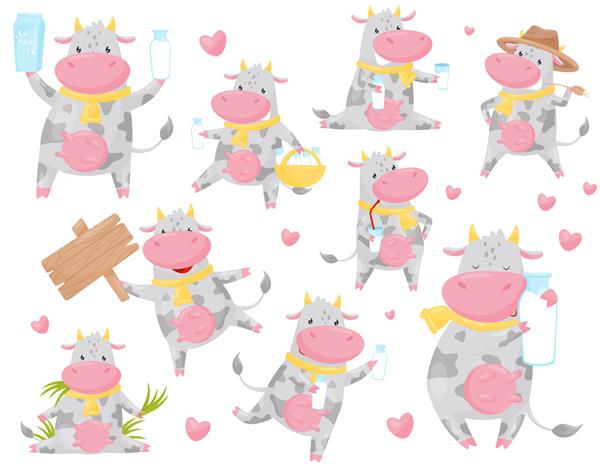 گاو خالدار ناز و شاد در موقعیت های مختلف تصویر شخصیت کارتونی حیوانات مزرعه خندان در پس زمینه سفید