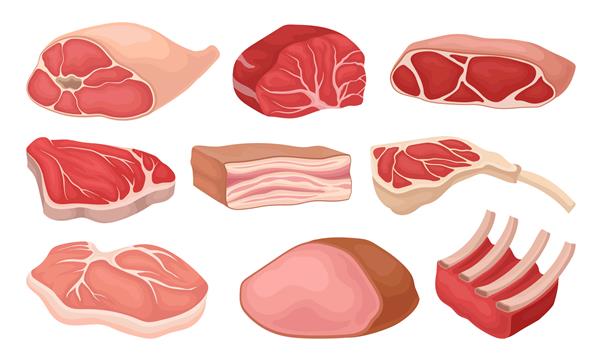 مجموعه فرآورده های گوشتی گوشت گاو تازه گوشت خوک ژامبون دودی دنده خام گوشت خوک عناصر برای پوستر قصابی