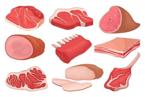 مجموعه فرآورده های گوشتی تازه آیکون های غذا گوشت گاو خام گوشت خوک دنده بره ژامبون دودی و گوشت خوک