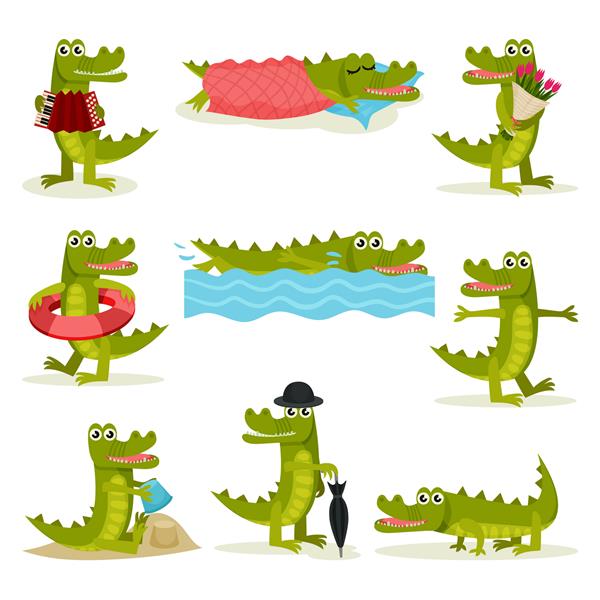 مجموعه تمساح خنده دار در اقدامات مختلف خزنده درنده سبز رنگ حیوان انسان سازی شده خنده دار