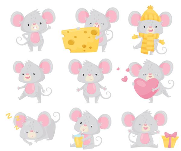 مجموعه ای از ماوس کوچک در موقعیت های مختلف جونده کوچک با گوش های بزرگ و دم بلند شخصیت کارتونی زیبا
