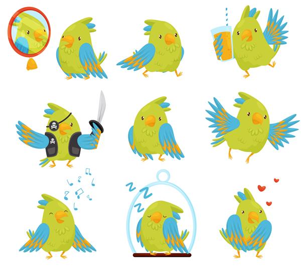 مجموعه طوطی در موقعیت های مختلف پرنده زیبا با پرهای سبز و آبی روشن شخصیت کارتونی خنده دار