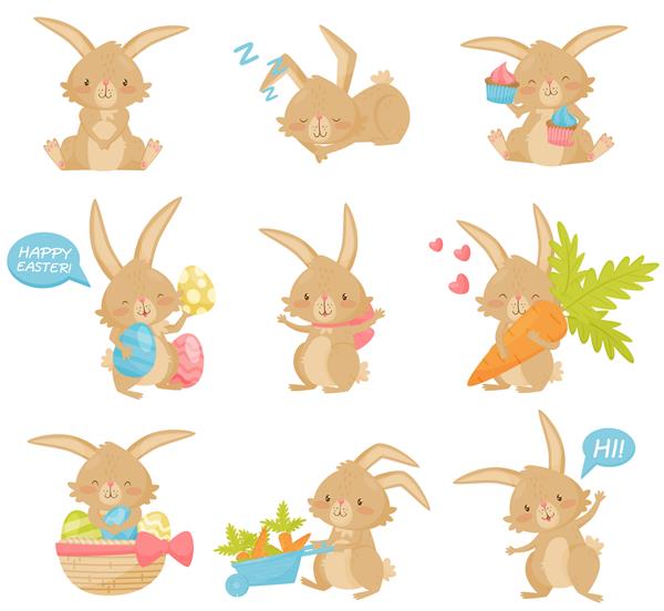 مجموعه ای از خرگوش عید پاک در اقدامات مختلف اسم حیوان دست اموز قهوه ای شایان ستایش با گوش های بلند و دم کوتاه