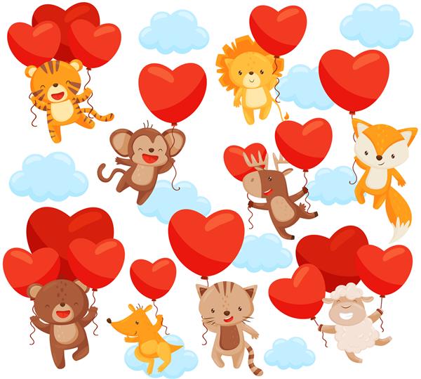 مجموعه ای از حیوانات بامزه که با بادکنک های قلبی شکل در آسمان پرواز می کنند تم عشق عناصر برای کارت پستال