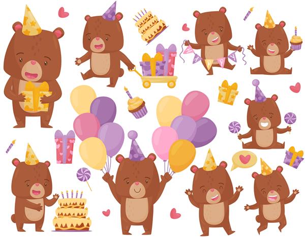 ست خرس قهوه ای شاد در اکشن های مختلف حیوان انسانی خنده دار در کلاه مهمانی تم تولد