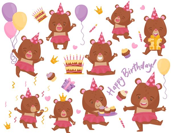 ست خرس دختر شاد در اکشن های مختلف حیوان انسانی دوست داشتنی عناصر برای کارت پستال تولد