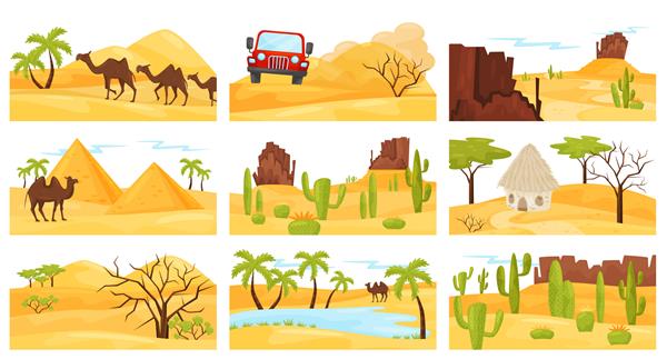 مجموعه ای از مناظر بیابانی رنگارنگ با شترها کوه های سنگی اهرام و ماشین طراحی مسطح