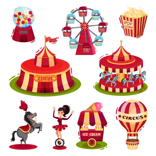 مجموعه ای از آیکون های سیرک چرخ فلک چادر سیرک فست فود بالون هوا عناصر برای پوستر یا بروشور
