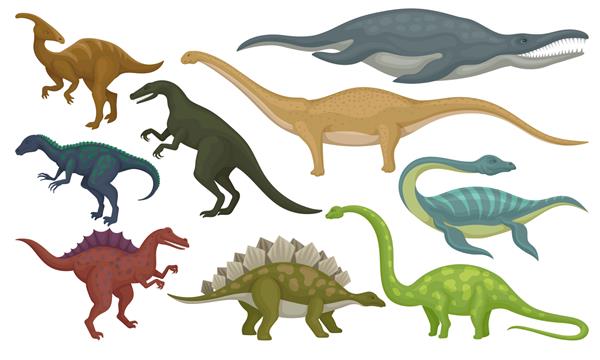 مجموعه ای از حیوانات ماقبل تاریخ دایناسورها و هیولاهای دریایی موجودات وحشی دوره ژوراسیک