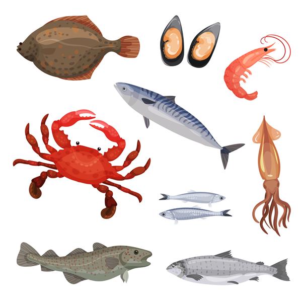 ست انواع غذاهای دریایی ماهی خرچنگ و نرم تنان جانوران دریایی موجودات دریایی آیکون های دقیق
