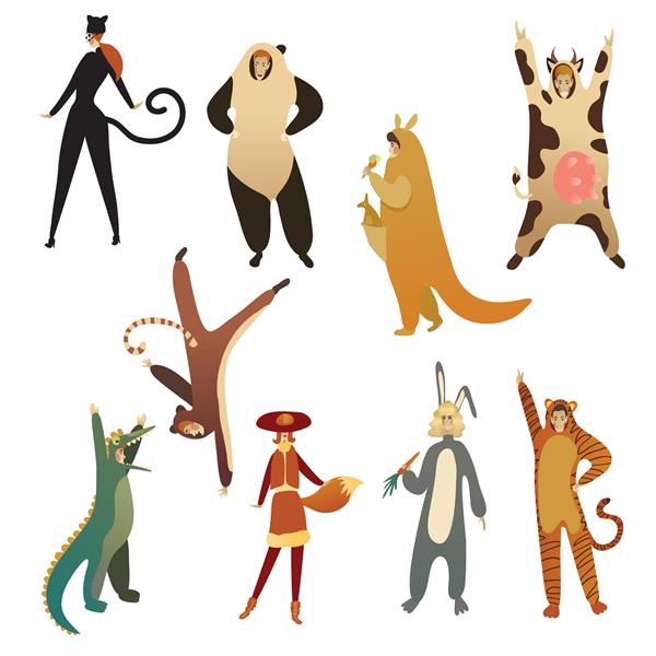 مجموعه تخت از جوانان در لباس حیوانات کارتون مردان و زنان در لباس برای کارناوال