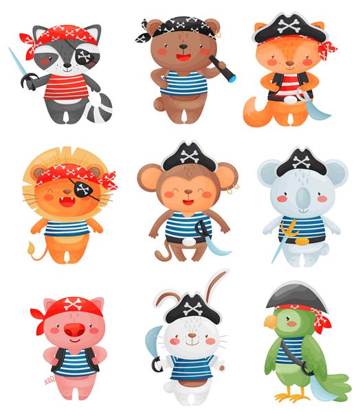 شخصیت های دزدان دریایی حیوانات به سبک کارتونی مجموعه ای از تصویر دزدان دریایی کوچک خنده دار زیبا