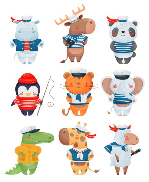 شخصیت های ملوان حیوانات به سبک کارتونی مجموعه ای از تصویر ملوانان کوچک خنده دار زیبا