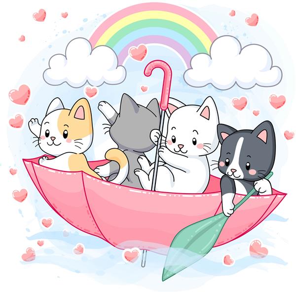 بچه گربه های پاستلی ناز چتر با رنگین کمان